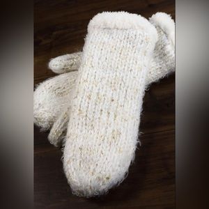Mixed yarn knit mittens with metallic sequins and fur lining